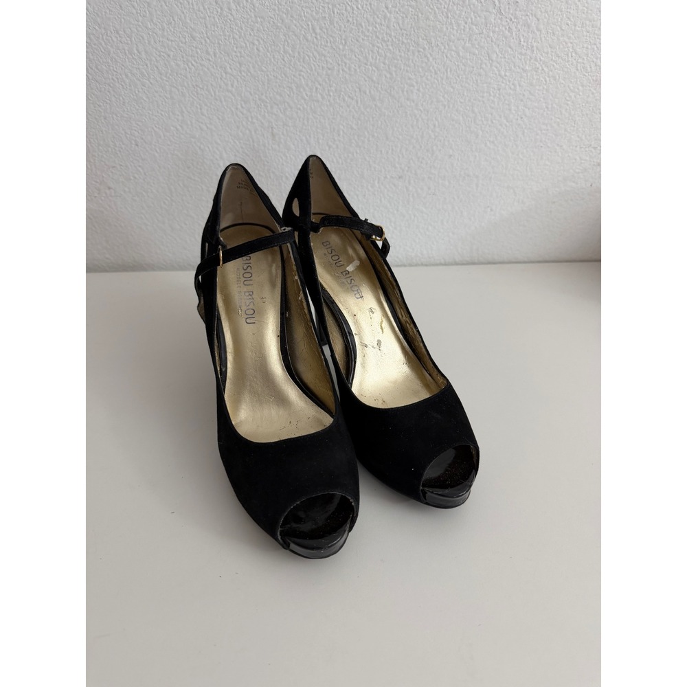 Bisou‎ Bisou Michele Bohbot Black Suede Peep Toe Mary Jane Heels Pumps Size 8M